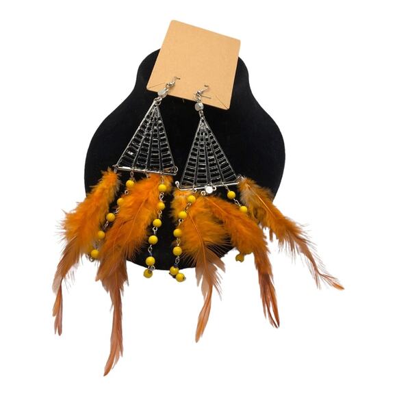 Boho Chic Pattern Metal Chandelier With Beads And Orange Feathers Earrings - Picture 12 of 12